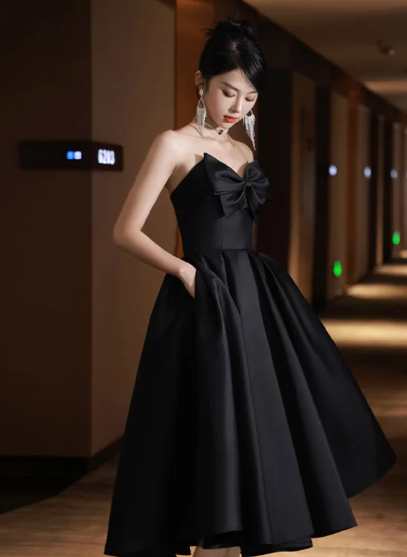 Black Satin High Low Sweetheart Homecoming Dress, Black Short Party Dress with Bow Tunics Summer linen