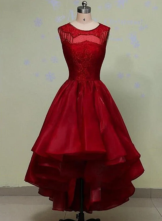 Charming Organza and Lace Beaded High Low Formal Dress, Lovely Party Dress Peplum Ruffle Cocktail
