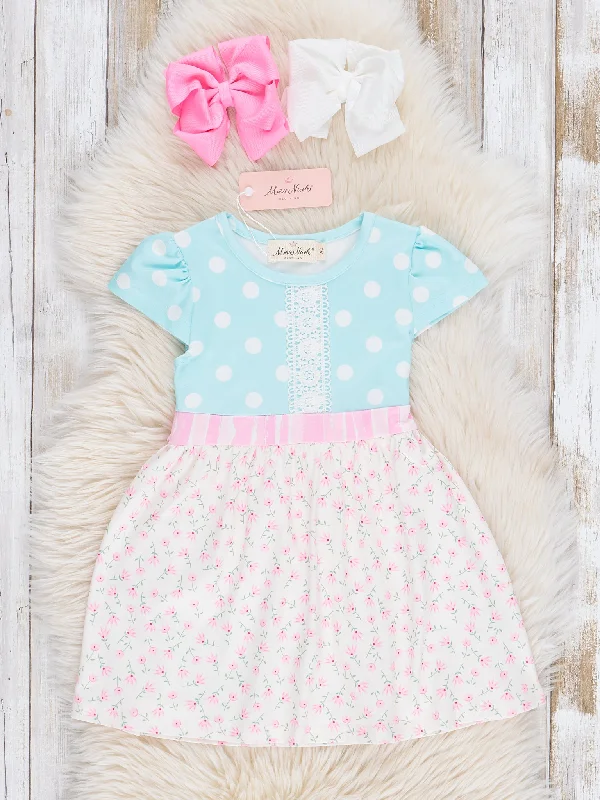 Sky Blue Polka Dot Ruffle Dress Floral Print girly