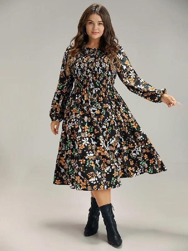 Floral Print Keyhole Shirred Dress Tunics Chinos classic