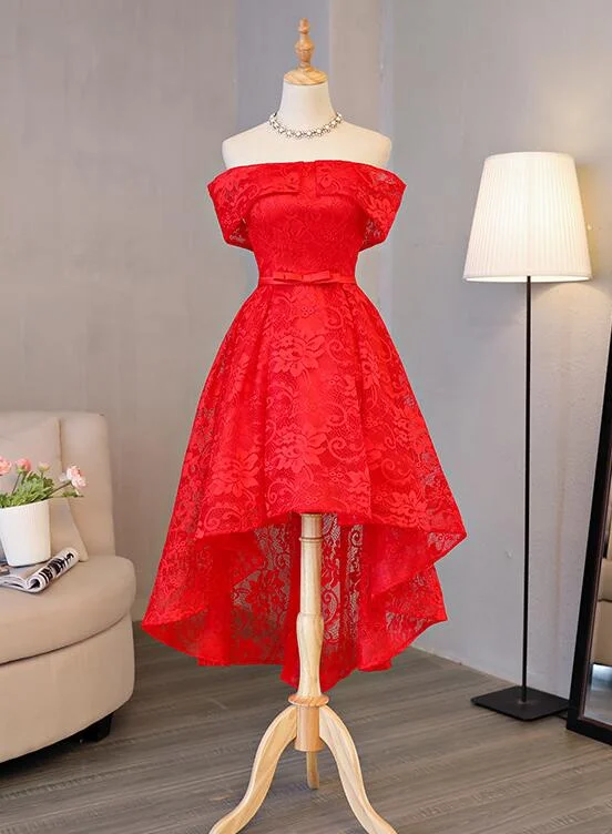 Beautiful Red Lace High Low Off Shoulder Wedding Party Dress, Red Homecoming Dress Off-the-shoulder Bohemian Festive