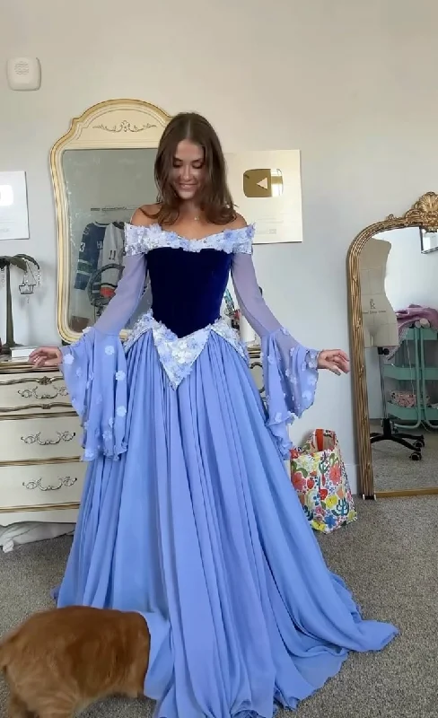 Blue Off Shoulder Long Sleeves A-Line Chiffon Long Party Dress Birthday Dress, DP4732 Tunics Cozy comfortable