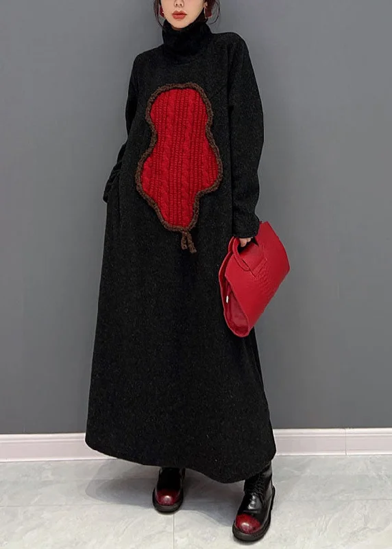 Stylish Black Turtle Neck Applique Thick Knit Long Dress Winter Tunics Fashionable trendy