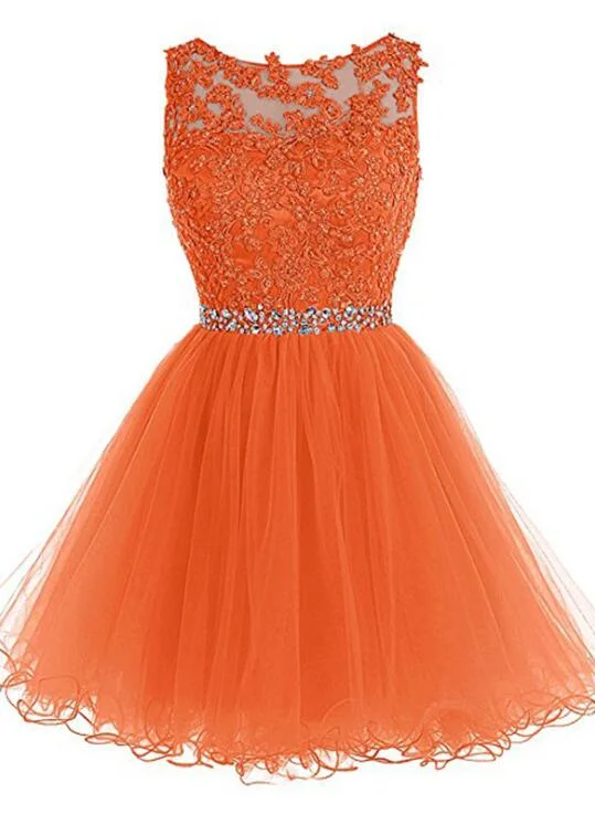 Round Neckline Orange Tulle Beaded Homecoming Dress, Short Party Dress Graduation Dress Tunics Party sparkling