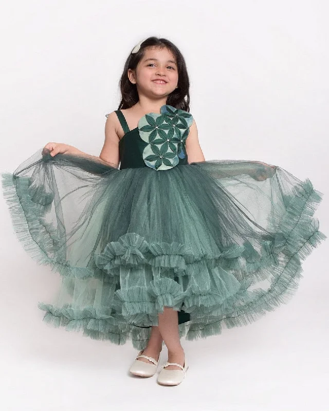 Green Flower Patch Flare Net Dress Tunics Chic fashionable