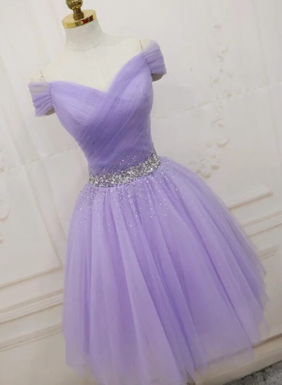 Lovely Light Purple Beaded Short Party Dress, Off Shoulder Homecoming Dress Tunics Canvas sturdy