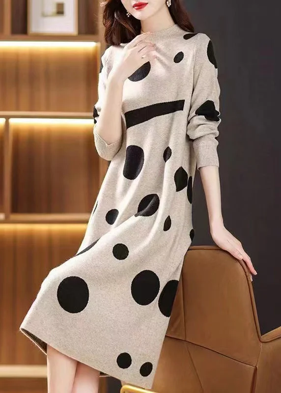 Beige Print Patchwork Woolen Long Dresses Stand Collar Fall Tunics Prom sequined