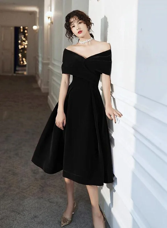 Off Shoulder Black Velvet Tea Length Party Dress, Off Shoulder Velvet Homecoming Dress A-Line Day Work