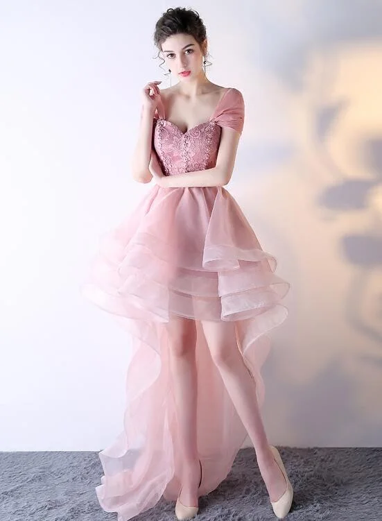 Pink Organza Off Shoulder Layers High Low Lace Party Dress, Pink Homecoming Dress Tunics Review highly