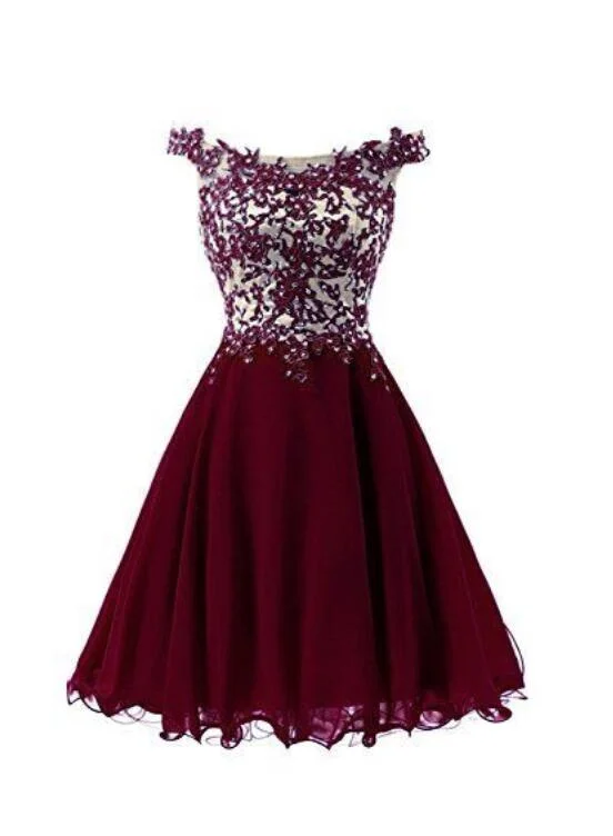 Lovely Burgundy Knee Length Chiffon Party Dress, Short Prom Dress Boatneck Modish Everyday