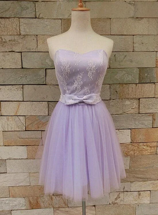 Beautiful Lavender Tulle and Lace Cute Party Dress, Sweetheart Party Dress with Bow Tunics Stylish modern