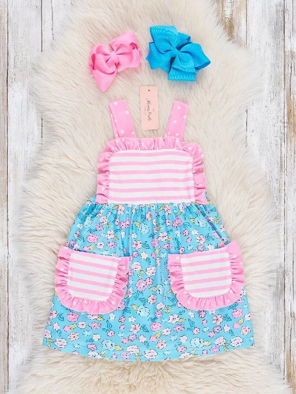 Blue Garden Striped Pockets Ruffle Dress Tunics Leisure comfortable