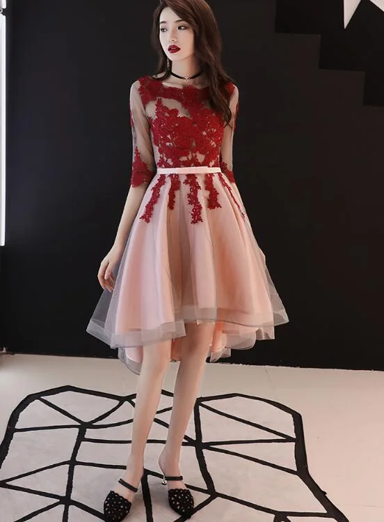 Beautiful 1/2 Sleeves High Low Red Lace Party Dress, Short Prom Dress Tunics Long Elegant