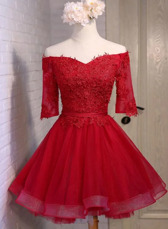 Chic Short Sleeves Tulle Party Dress , Red Homecoming Dress Tunics Party sparkling