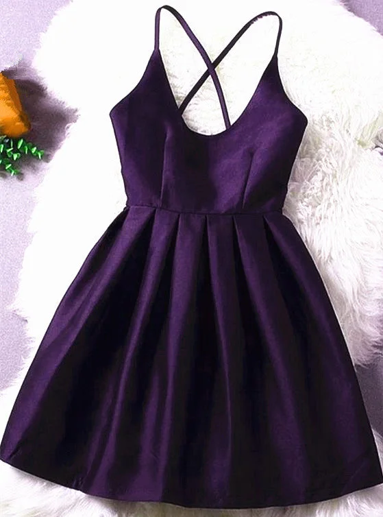 Beautiful Dark Purple Satin Short Homecoming Dress, Cute Party Dress Satin Halter Glamorous