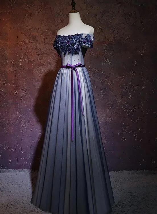 Lovely Navy Blue Tulle Off Shoulder Long Party Dress, A-line Floor Length Evening Dress Off-the-shoulder Bohemian Festive