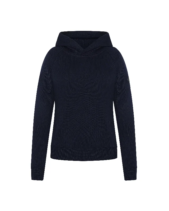 Loose Fit Extra Fine Merino Hoodie Female - Navy Hoodie with Set-In Sleeves Structured Classic