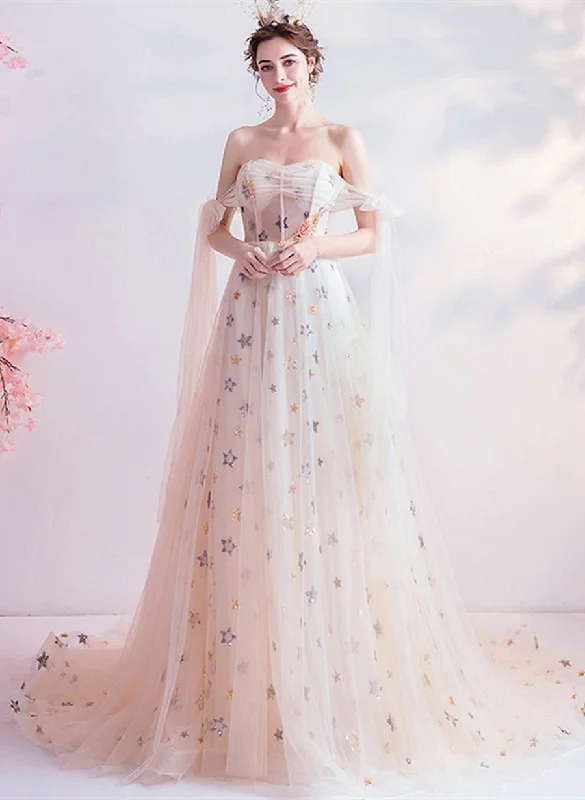 Ivory Sweetheart Off Shoulder Tulle Party Dress, A-line Long Prom Dress Tunics Bridal satin