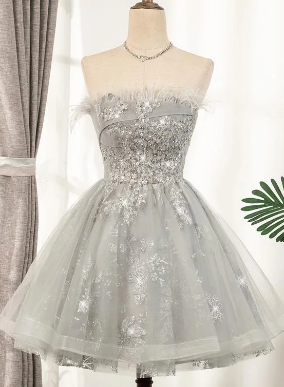 Lovely Grey Tulle with Shiny Lace Short Party Dress Homecoming Dress, Cute Prom Dress Tunics Vintage classic