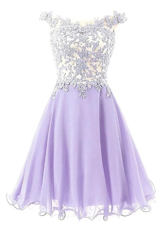 Short Chiffon and Lace Applique Party Dress, Lavender Short Prom Dresses Boatneck Modish Everyday