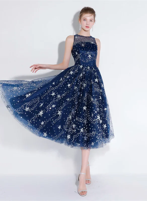 Navy Blue Tea Length Party Dress, Blue Prom Dress Bridesmaid Dress Tunics Long Elegant