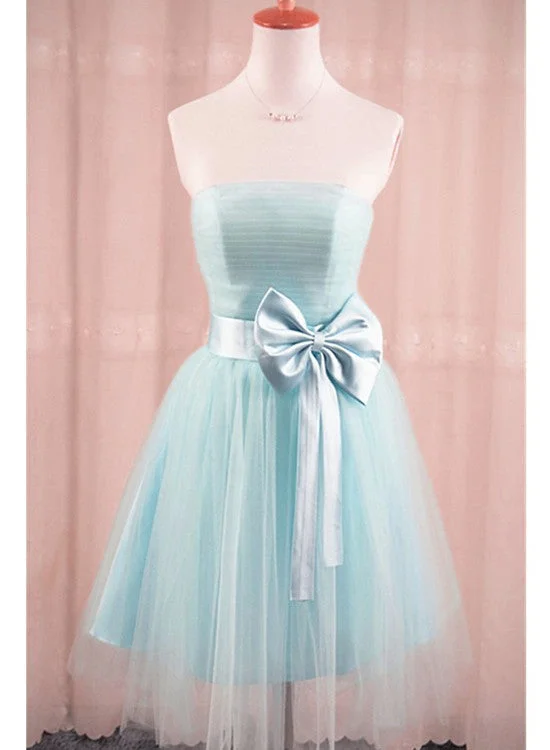 Adorable Light Blue Tulle Formal Dress with Bow, Teen Party Dress Tunics Lace romantic