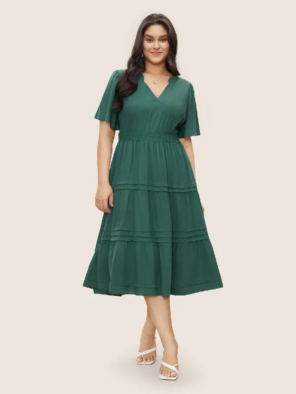 Plain Shirred Notched Pocket Pleated Dress Maxi Flowy Bohemian