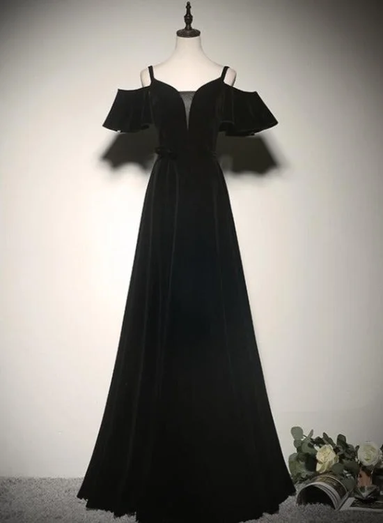 Black Off Shoulder Velvet Long A-line Prom Dress, Black Floor Length Party Dress Evening Dress Tunics Winter warm