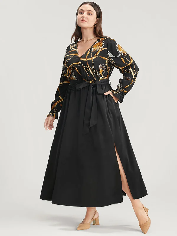 Chain Print V Neck Pocket Lantern Sleeve Belted Split Dress Tunics Long Elegant