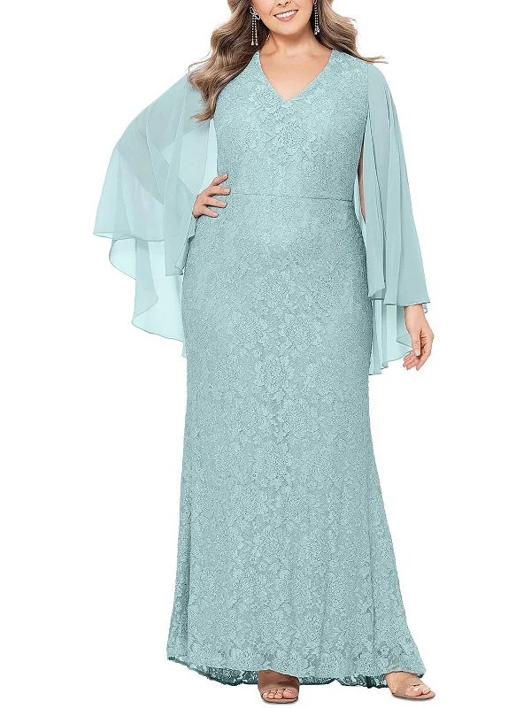 Plus Womens Lace Capelet Evening Dress Off-the-shoulder Chic Trendy