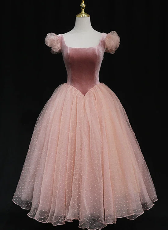Pink Tulle and Velvet Short Sleeves Party Dress, Pink Tea Length Formal Dress Tunics Mesh breathable