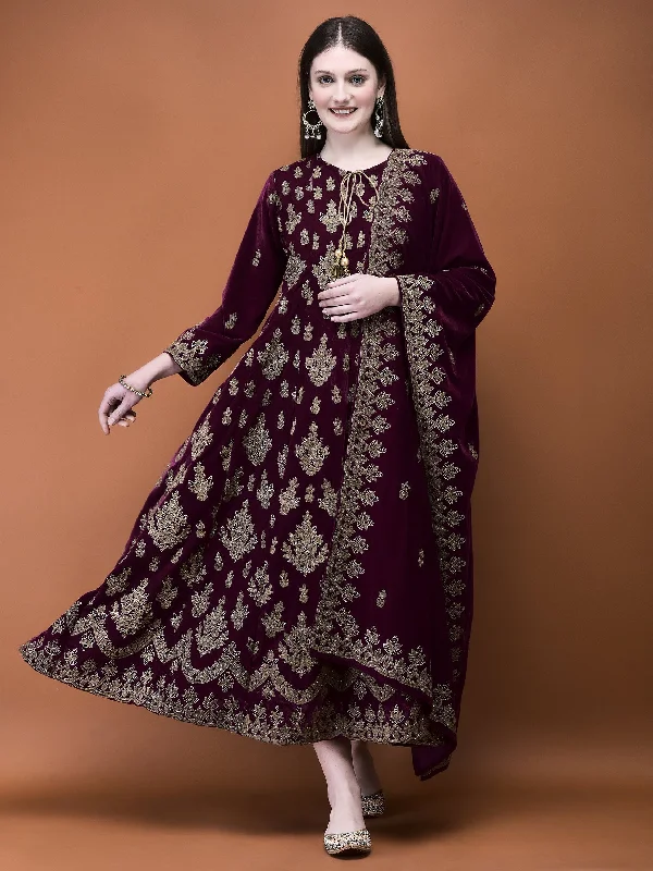 Women Winter Velvet Maroon Ornamental Print Dress With Dupatta Tunics Timeless classic