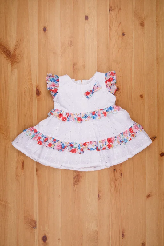 Chic White Multi-Tiered Cotton Baby Dress Floral Print Embellishment & Hakoba Fabric with Floral Bow Tunics Wedding white