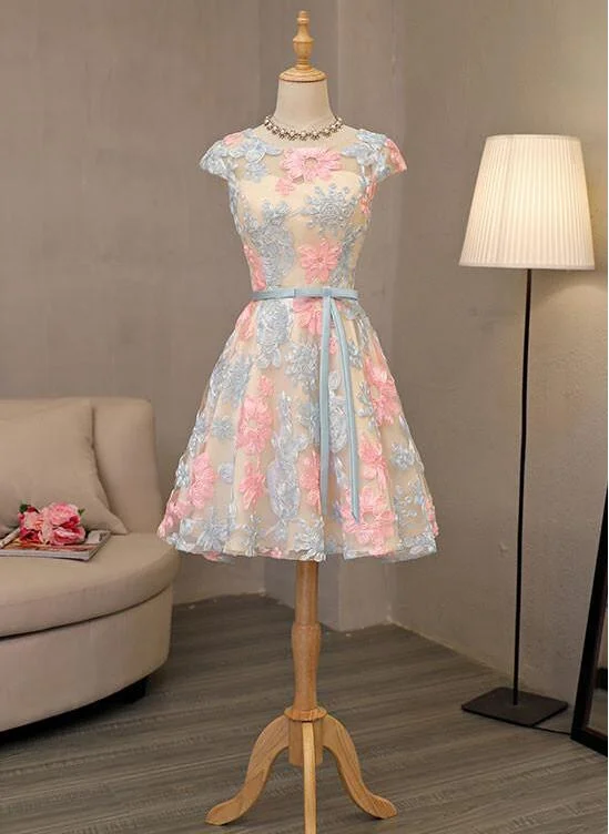 Lovely Lace Flowers Knee Length Simple Pretty Party Dress, Cute Homecoming Dress Tunics Silk luxurious