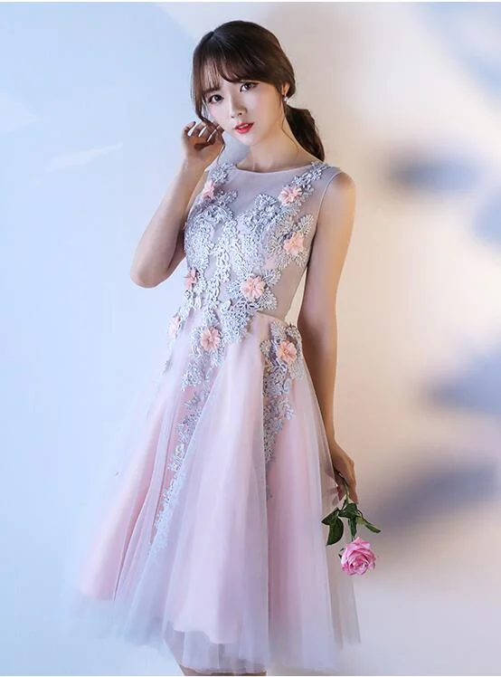 Beautiful Floral Lace Tulle Party Dress, Knee Length Prom Dress Crew Neckline Casual