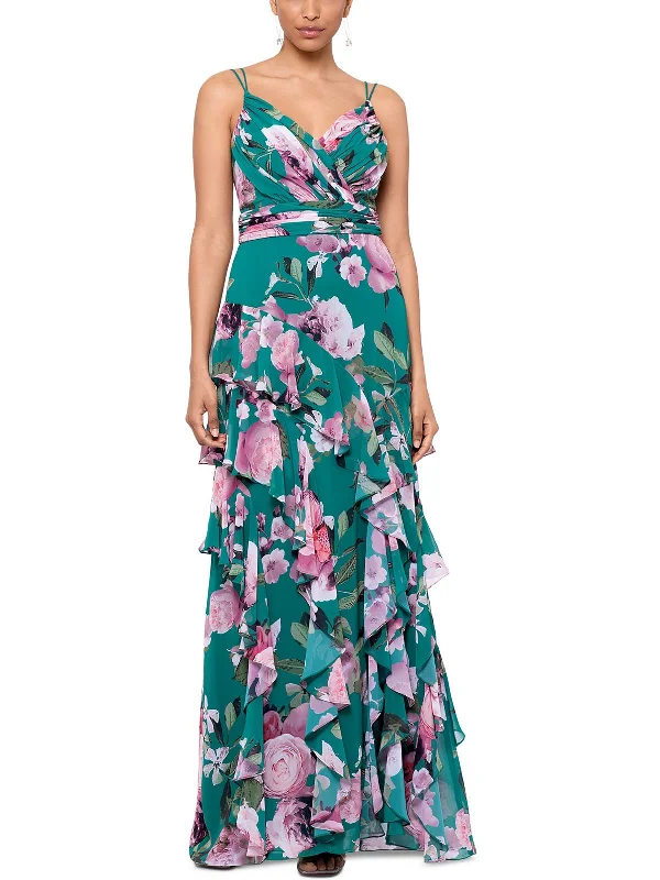Womens Floral Tiered Evening Dress Tunics Bridal satin