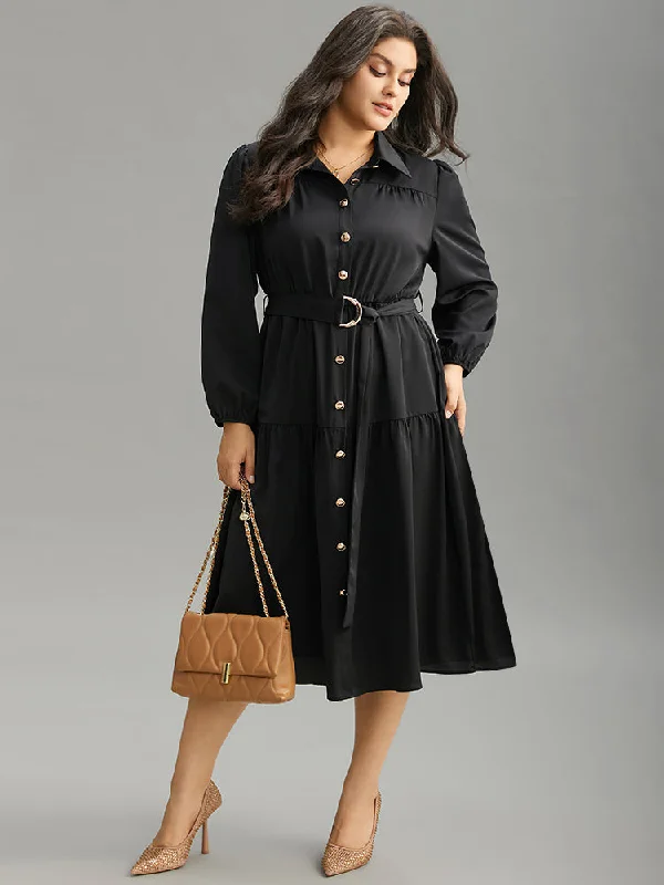 Anti-Wrinkle Shirt Collar Belted Metal Detail Dress Tunics Sale discount