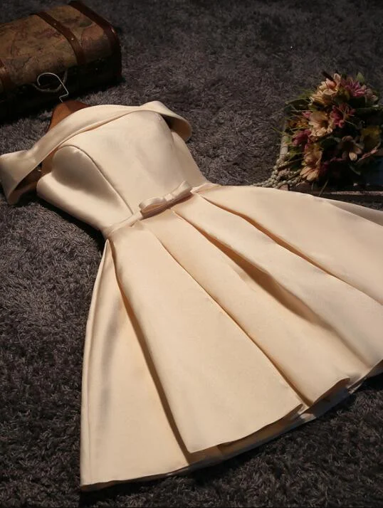 Cute Short Champagne Satin Party Dress,Off Shoulder Prom Dress Tunics Running lightweight