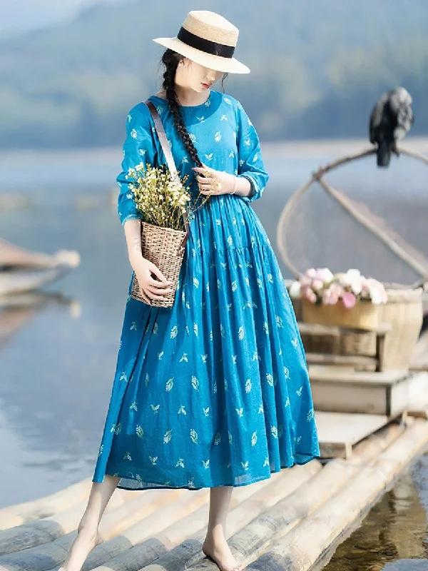 Women Spring Flower O-Neck 100%Cotton Loose Dress Tunics Handmade artisanal