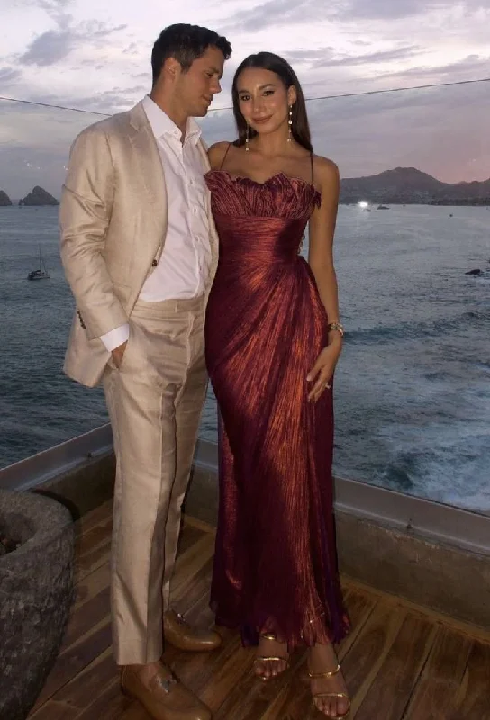 Burgundy Spaghetti Straps Mermaid Satin Long Party Dress Evening Dress, DP4700 Lace Sexy Club