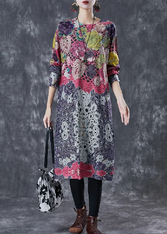 Red Print Knit Long Dress Oversized Spring Tunics Custom made