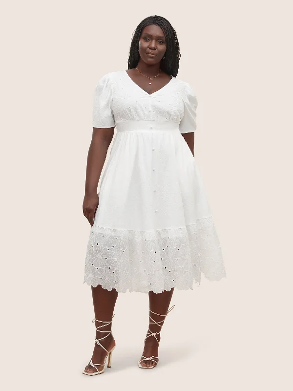 Plain Button Detail Cut Out Puff Sleeve Dress Tunics Stylish modern