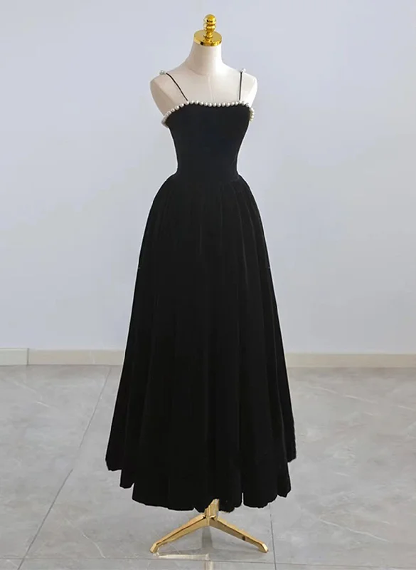 Cute Black Velvet Straps Tea Length Party Dress, Black Velvet Homecoming Dress Tunics Stylish modern