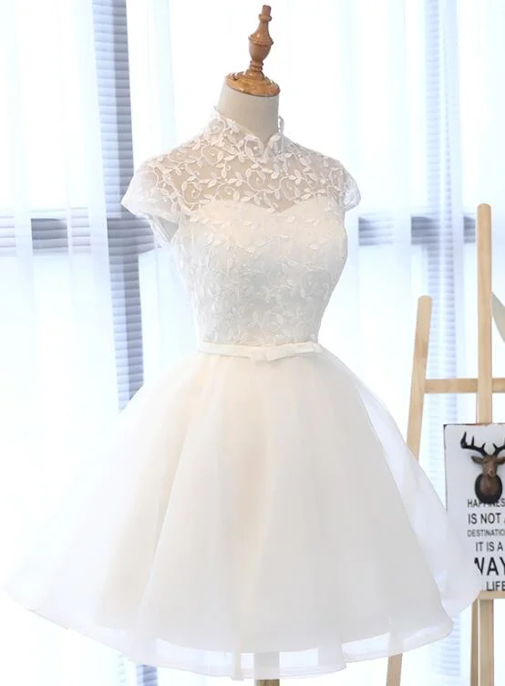 Cute White Tulle Short Lace Cap Sleeves Party Dress, White Homecoming Dress Tunics New arrival