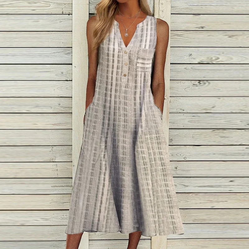 Summer Dress Women V Neck Sleeveless Pocket Button Loose Maxi Dresses Vintage Print Party Dress 2022 A-Line Beach Dress Tunics Review highly
