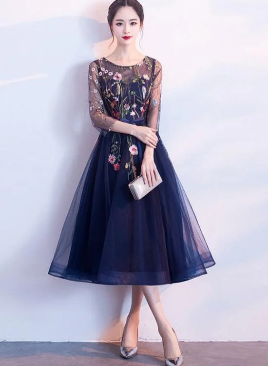 Navy Blue Lace Floral Tulle Tea Length Wedding Party Dress, Blue Formal Dress Tunics Favorite customer
