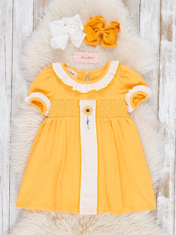 Sweet Sunflower Smocked Ruffle Dress Tunics Corduroy durable