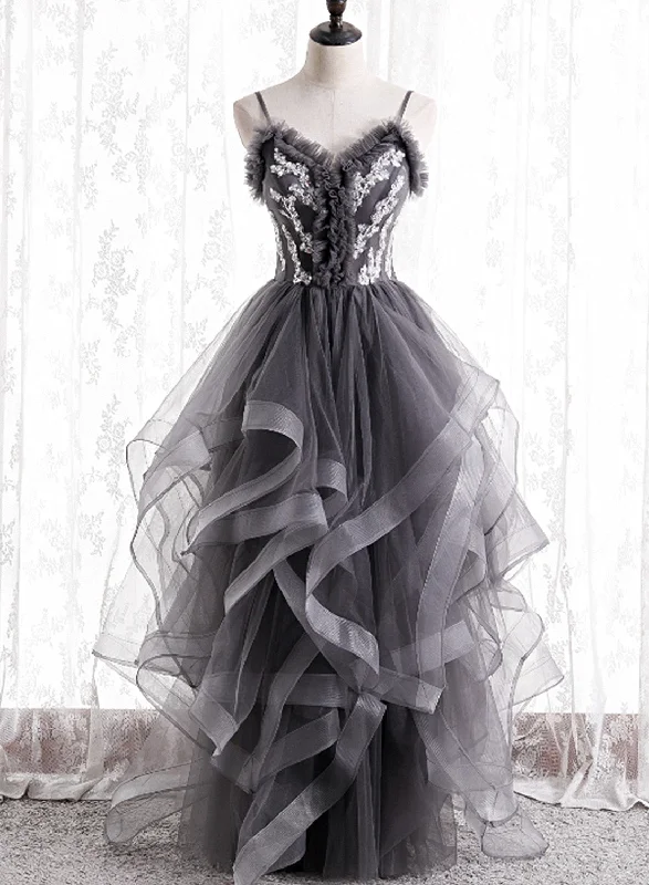 Grey Tulle Sweetheart Long Party Dress with Lace Applique, Grey Long Prom Dress Tunics Solid Classic