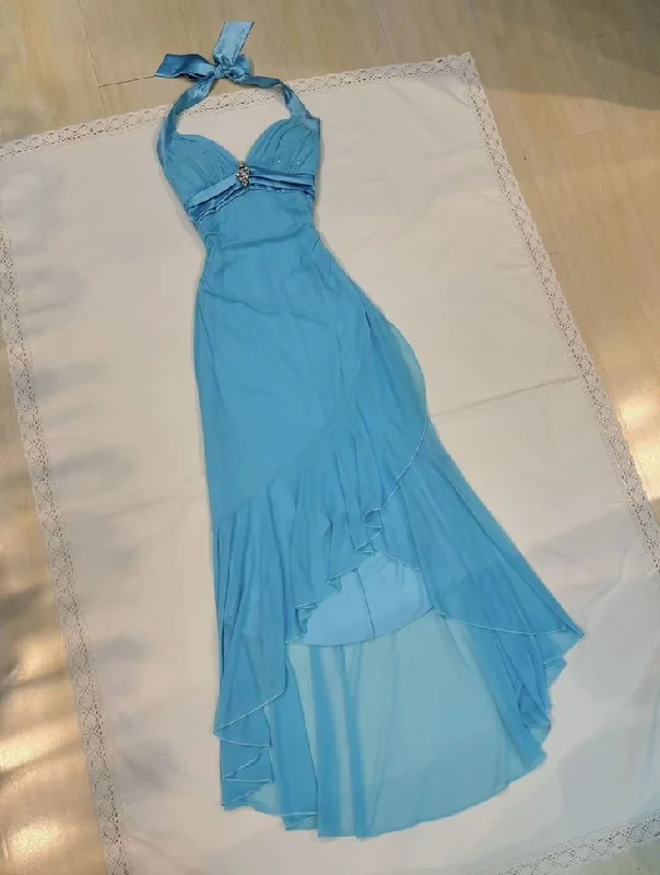 Blue Halter Chiffon Ruffles Sheath Vintage Evening Party Dress, DP4681 Square Neckline Feminine