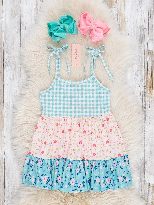 Turquoise Gingham & Pink Florals Ruffle Dress Boatneck Modish Everyday